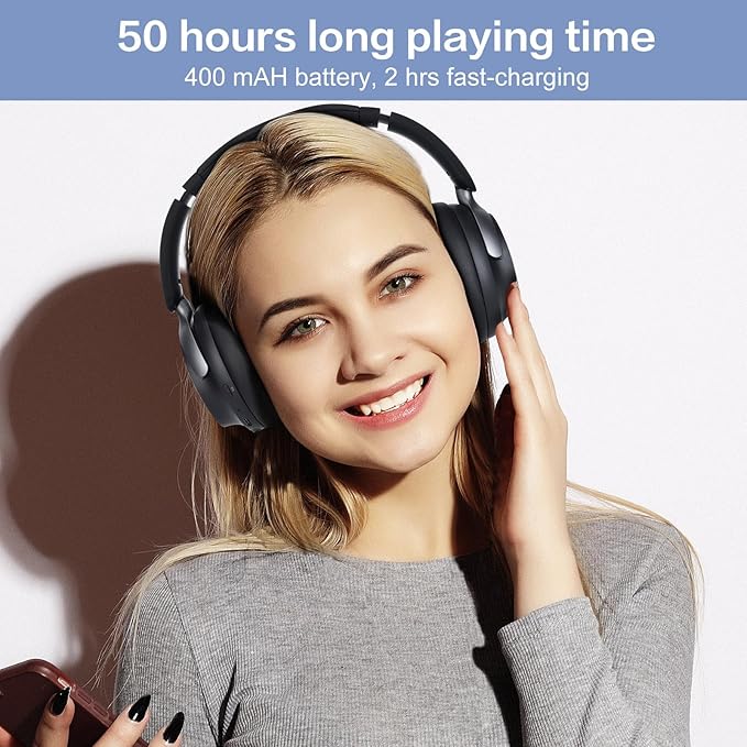 B8 Bluetooth Headphones Over Ear, 6 EQ Music Modes and 50H Playtime Deep Bass Wireless Headphones with Mic, Lightweight Folding HiFi Stereo Headset for iPad/Travel/Tablet/PC/Home Space Black