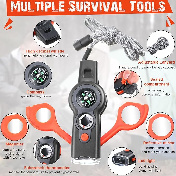 Arrowbash 12 Pack Emergency Survival Whistle 7-in-1 Compass Hiking Survival Safety Whistle with Lanyard Outdoor Multifunctional Tool Ideal for Hiking Camping Rescue Signaling