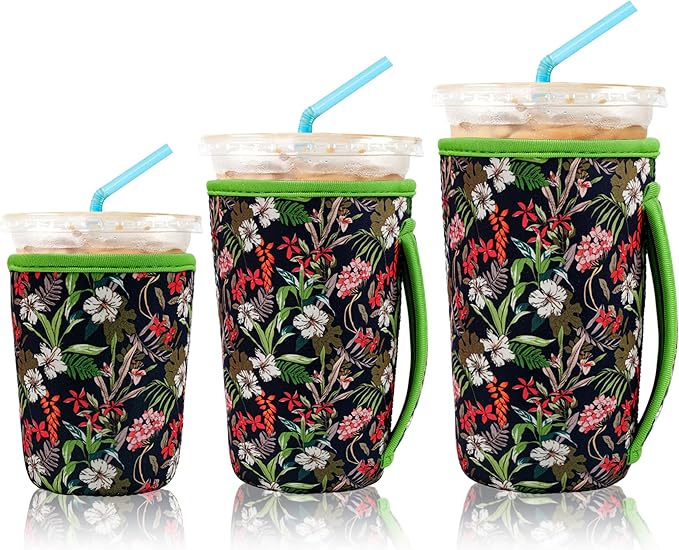KJQJLY 3 Pack Reusable Iced Coffee Sleeves for Iced Coffee Cups or Drinks Reusable Neoprene Insulated Sleeves for Hot and Cold Drinks from Starbucks, Dunkin, And More (Leaves and grass)