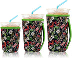 KJQJLY 3 Pack Reusable Iced Coffee Sleeves for Iced Coffee Cups or Drinks Reusable Neoprene Insulated Sleeves for Hot and Cold Drinks from Starbucks, Dunkin, And More (Leaves and grass)