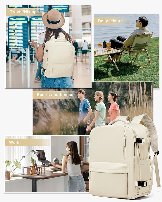 WONHOX Large Travel Backpack Women,Carry On Backpack Flight Approved 18x14x8 inches Bag Spirit Airlines Personal ltem,College Sports Hiking Rucksack Laptop Blackpack mochila de viaje,Beige
