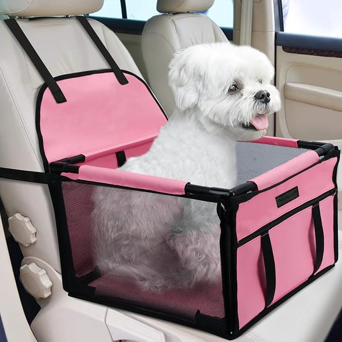 Dog Car Seat Foldable Dog Car Booster Seat Waterproof Breathable Oxford Travel Bag for Small to Medium Dogs, Puppies, and Pets-Pure Pink-Upgrade