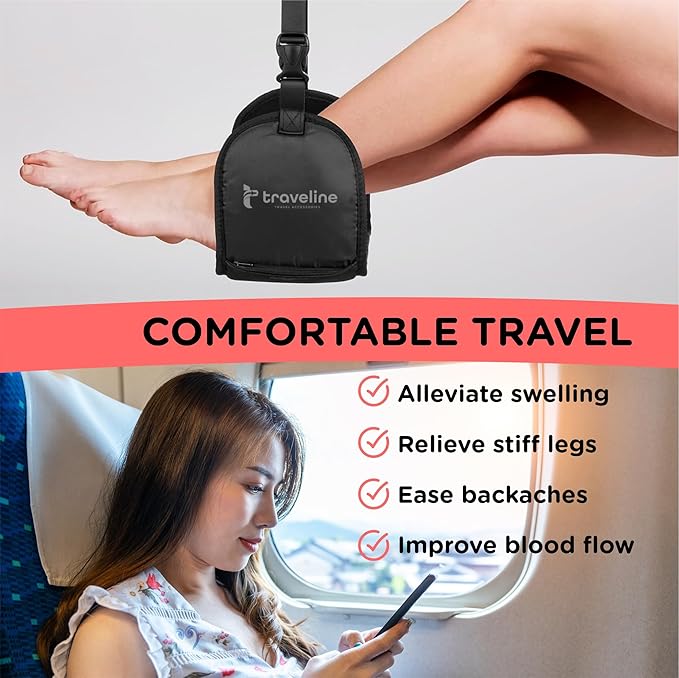 Airplane Foot Hammock – Memory Foam Travel Footrest with Rigid Base, Adjustable Strap for Long Flights & Travel Comfort (Black)