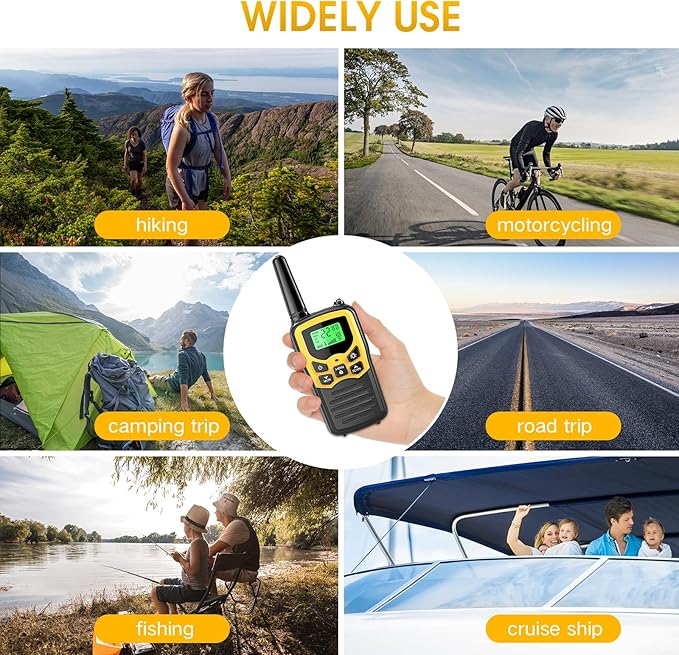 Walkie Talkies with 22 FRS Channels, MOICO Walkie Talkies for Adults with LED Flashlight VOX Scan LCD Display, Long Range Family Walkie Talkie for Hiking Camping Trip (Yellow, 4 Pack)