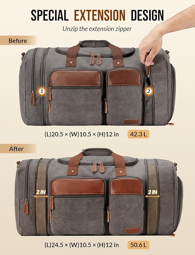 Canvas Duffle Bag for Travel 50L Expandable Travel Duffel Bags for Men Women Overnight Weekend Gym Bag with Shoes Compartment - Grey