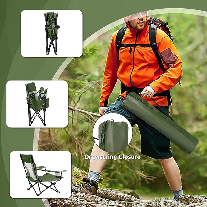 HaSteeL Folding Beach Chair Set of 2, Foldable Green Camping Chairs for Outside, Low Beach Chair Portable for Adults Fishing, Picnic, Outdoor BBQ, Travel, Sports, Cup Holder & Storage Bag