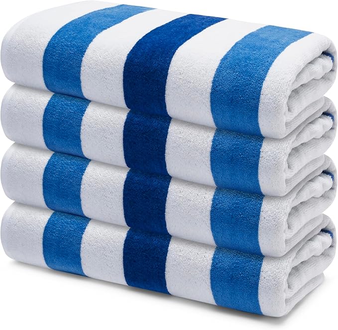 Premium Velour Cabana Beach Towel 4 Pack, 30” x 60” Soft Plush Cotton Pool Towel, Absorbent Quick Dry Towel for Beach and Pool (Riviera Stripe)