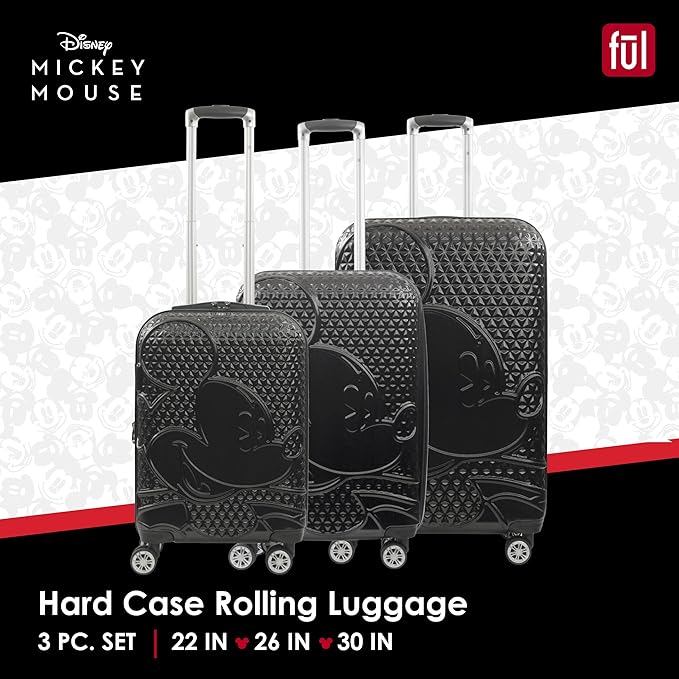 FUL Disney Mickey Mouse 3 Piece Rolling Luggage Set, Hardshell Suitcases with Spinner Wheels, 22/26/30 Inch, Black