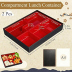 Teenyyou 2 Pcs 10.6 x 8.3 x 2.2 Inch Japanese Bento Box 6 Compartments Divided Lunch Box with Greaseproof Adult Japanese Bento Lunch Container Sushi Home Restaurant