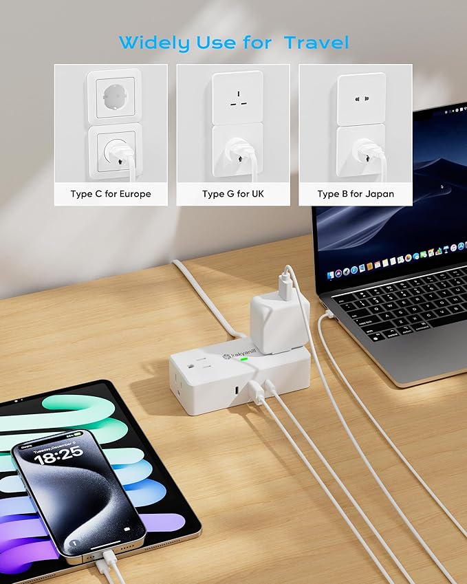 Kakyanill European Travel Plug Adapter, Type E F Plug Adapter, 4 AC Outlets, 3 USB Ports (2 USB C), 5ft Flat Extension Cord, for Germany France Travel