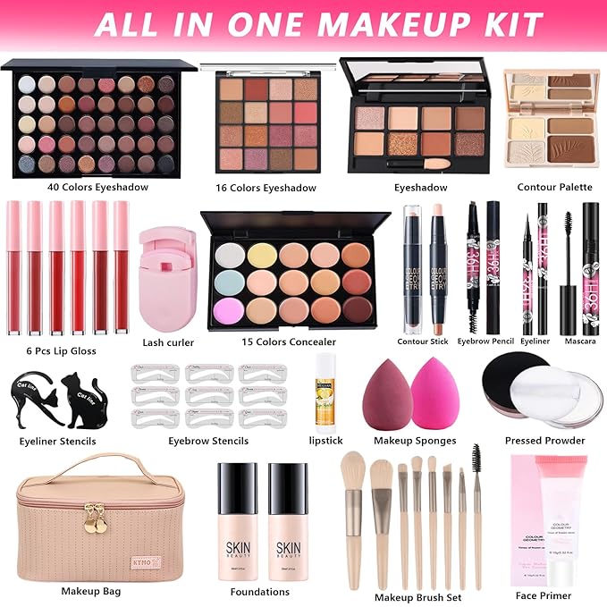 All-in-One Makeup Kit for Women Full Kit, Makeup Gift Set for Women Teens Girls, Makeup Essential Bundle Includes Eyeshadow Foundation Lipsticks Mascara Eyeliner Contour Stick Cosmetic Brush Set
