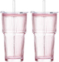 GOSCHE 20oz Iced Coffee Cups with Lids, Glass Cups with Lids and Straws, Thickened Glass Tumbler Set Ideal for Latte, Juices, Cocktails and Beverage, Pink, 2 Pack