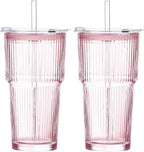 GOSCHE 20oz Iced Coffee Cups with Lids, Glass Cups with Lids and Straws, Thickened Glass Tumbler Set Ideal for Latte, Juices, Cocktails and Beverage, Pink, 2 Pack