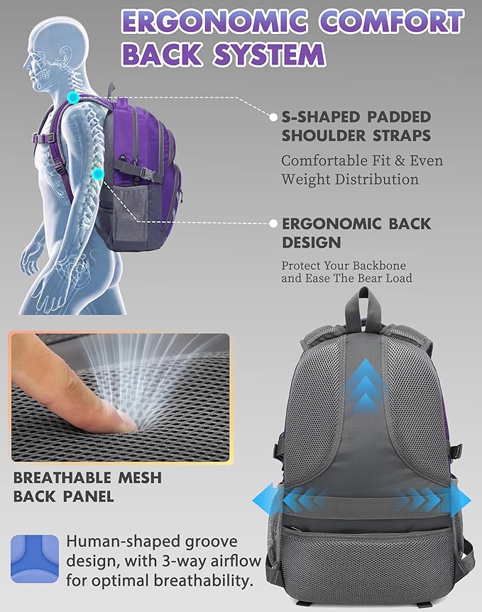 ProEtrade Backpack Bookbag for College Laptop Travel, Fit Laptop Up to 15.6 inch with USB Charging Port Multi Compartment Anti theft, Gift for Women Men (Purple)