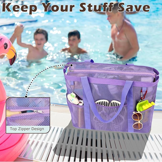 Fammart Mesh Beach Bag with Zipper, Large Beach Tote for Women, Toys Pool Swim Bag Travel Vacation Cruise Essentials