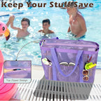 Fammart Mesh Beach Bag with Zipper, Large Beach Tote for Women, Toys Pool Swim Bag Travel Vacation Cruise Essentials