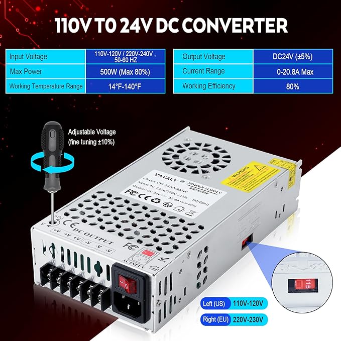 VAYALT 24V 20.8A 500W DC Switching Power Supply, Universal Regulated Switching AC 110V/220V to DC 24V Transformer, 24V Power Supply for Industrial, CCTV, Computer Project, 3D Printer, LED Strip Light