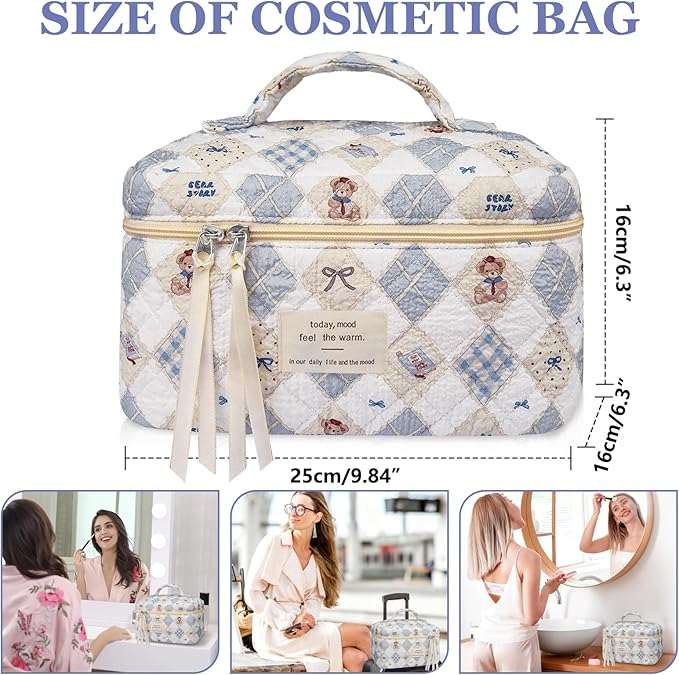 Gosect Large Makeup Bag, Cute Cosmetic Bag for Women Girls, Floral Coquette Aesthetic Toiletry Bag, Travel Make Up Organizer Bag (Check Bear)