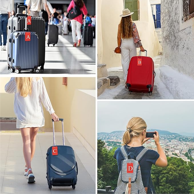 Gostwo 2 Pack Luggage Tags for Suitcases, 26 Initial Letter Travel Luggage Baggage Identification Labels ID Tag Fully Bendable Tags with Stainless Steel Loop (Red) (Letter V)