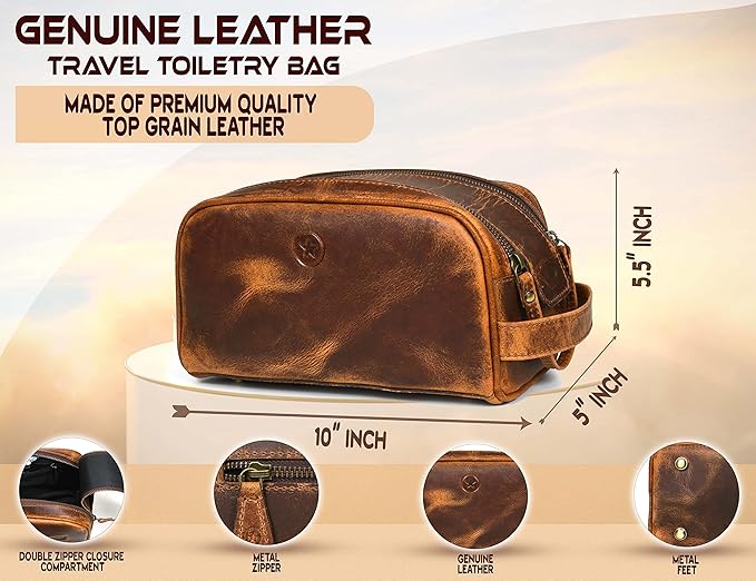 10" Premium Leather Toiletry Travel Pouch With Waterproof Lining Black Color | King-Size Handcrafted Vintage Shaving Kit By Aaron Leather Goods
