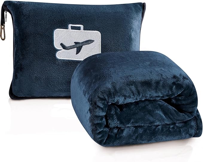 Comfort Fly Travel Blanket & Pillow – 2-in-1 Micro Plush Airplane Blanket with Carry Case (40" x 70") - Navy
