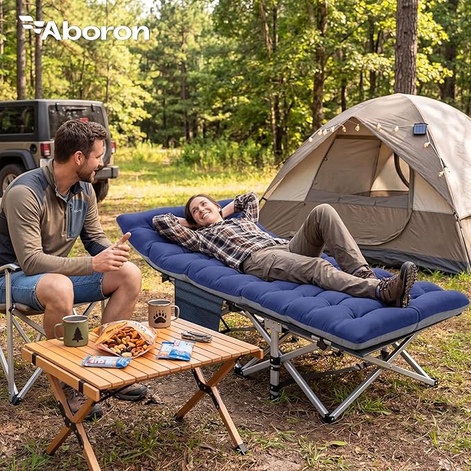 ABORON Camping Cot for Adult 28" Extra Wide, 2PK Heavy-Duty 1200D Oxford Cot for Sleeping, Portable Folding Camp Bed with Mat & Carry Bag