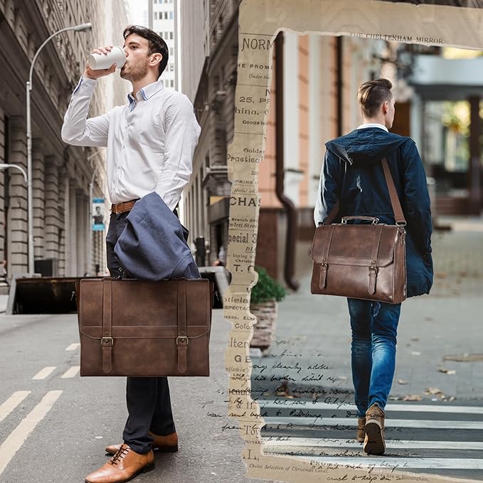 IGOLUMON Messenger Bag for Men 15.6 inch Vintage Leather Waterproof Laptop Briefcase for Men Large Computer Laptop Bag Leather Satchel Bag Retro Shoulder Bag for Office Business College, Dark Brown