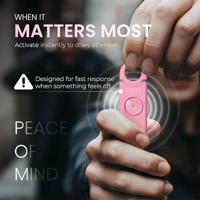 POM Personal Safety Alarm for Women – 130dB Loud Emergency Siren, USB-C Rechargeable with Bright LED Flashlight, Portable Keychain Design for Self Defense, Purse, Backpack & Travel (Pink)