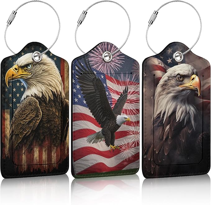 3 Pack American Flag Bald Eagle Luggage Tags for Suitcase PU Leather Travel Luggage Tag Privacy Cover ID Label for Women Men Baggage Backpack Handbag School Bag