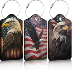 3 Pack American Flag Bald Eagle Luggage Tags for Suitcase PU Leather Travel Luggage Tag Privacy Cover ID Label for Women Men Baggage Backpack Handbag School Bag