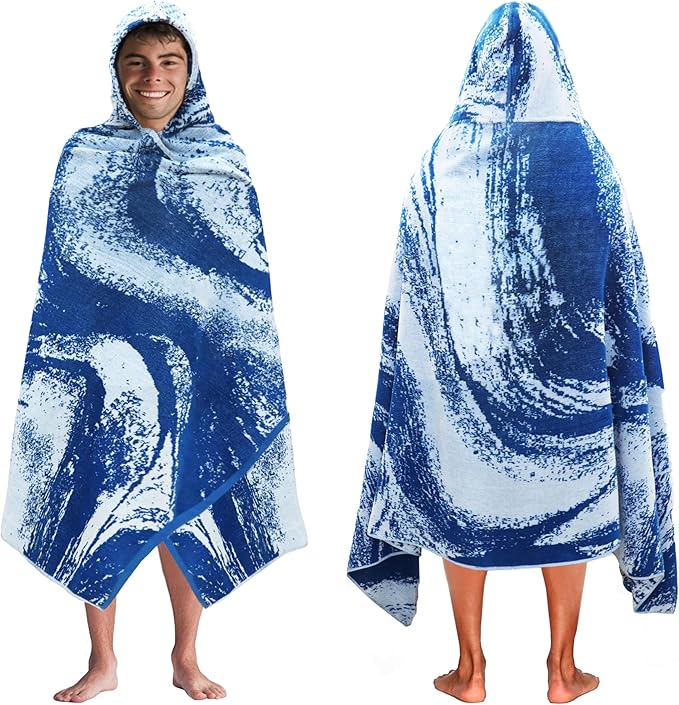 COTTON CRAFT Hooded Beach Towel – Oversized 35 x 70 Towel with Hood for Adults - Summer Wave - 100% Cotton Velour Terry Jacquard Towel - Pool Bath Wrap - 450 GSM - Soft Absorbent Quick Dry – Blue