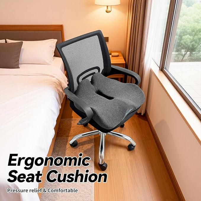 18x16 Inch Memory Foam Seat Cushion for Office Chair, Car & Travel, Ergonomic Chair Cushions for Long Sitting, Thick Supportive Seat Pad with Non-Slip Bottom, Washable Cover, Black