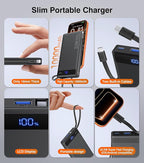 Power Bank with 2 Built-in Cables 10000mAh, 22.5W PD Slim Portable Charger USB C Battery Pack, Travel Essentials Fast Charging Powerbank Compatible with iPhone 17 16 15 Plus Pro Samsung iPad (1 Pack)