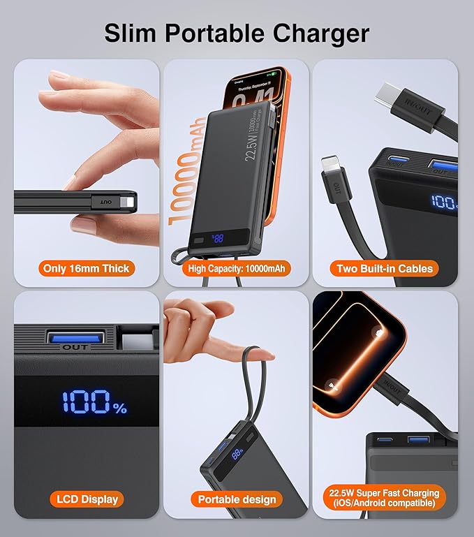 Power Bank with 2 Built-in Cables 10000mAh, 22.5W PD Slim Portable Charger USB C Battery Pack, Travel Essentials Fast Charging Powerbank Compatible with iPhone 17 16 15 Plus Pro Samsung iPad (1 Pack)