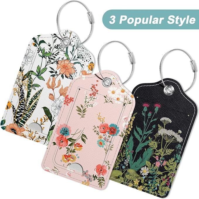 Rimilak 3 Pcs PU Leather Luggage Tags for Suitcase, Travel Cruise Luggage Tag with Privacy Flap, Name ID Label and Metal Loop for Women Men Baggage Handbag School Bag Backpack, Daisy Flowers