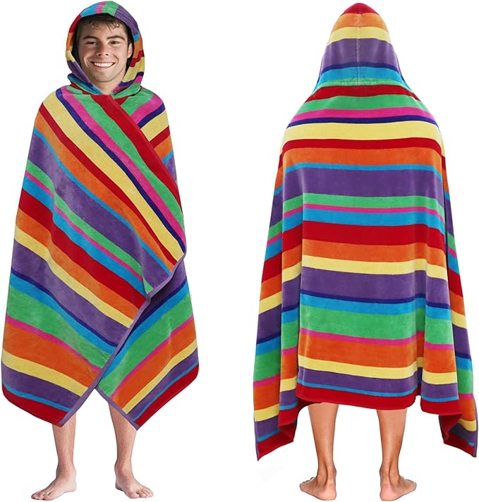 COTTON CRAFT Hooded Beach Towel – Oversized 35 x 70 Towel with Hood for Adults - Summer of Siam - 100% Cotton Velour Dobby Terry Towel - Soft Absorbent Quick Dry - Pool Bath Wrap – Multicolor Stripe