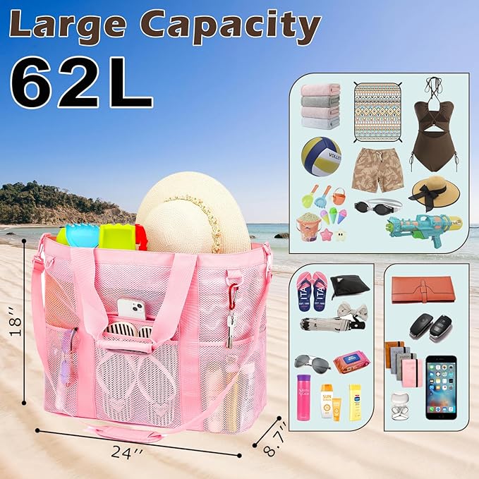 Fammart Mesh Beach Bag with Zipper, Large Beach Tote for Women, Toys Pool Swim Bag Travel Vacation Cruise Essentials