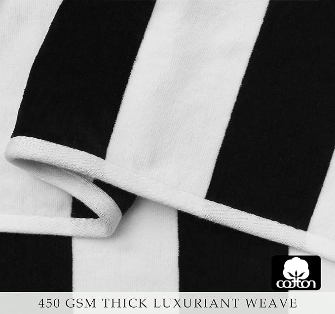 COTTON CRAFT Hooded Beach Towel – Oversized 35 x 70 Towel with Hood for Adults - 100% Cotton Velour Dobby Terry Towel - 450 GSM Pool Bath Wrap - Soft Absorbent Quick Dry – Cabana Stripe Black