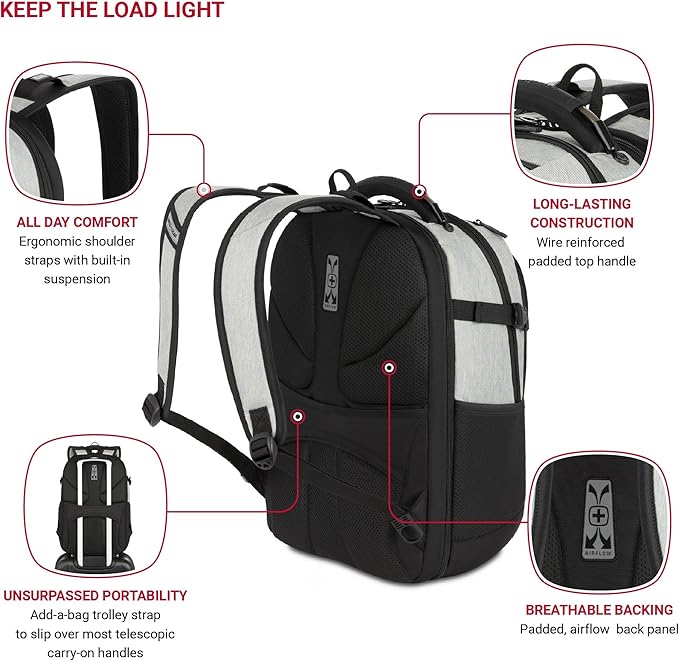 SwissGear Travel Tech Pro Laptop Backpack – Fits Laptops up to 16” – ScanSmart TSA-Friendly Backpack with Multiple Organizer Pockets – Grey Heather