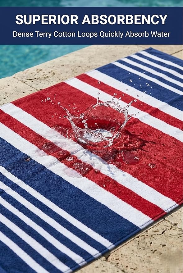 Premium Terry Cabana Beach Towel, Soft Plush Cotton Pool Towel, 30” x 60” Absorbent Quick Dry Travel Towel (Mariner Stripes, 4 Pack)