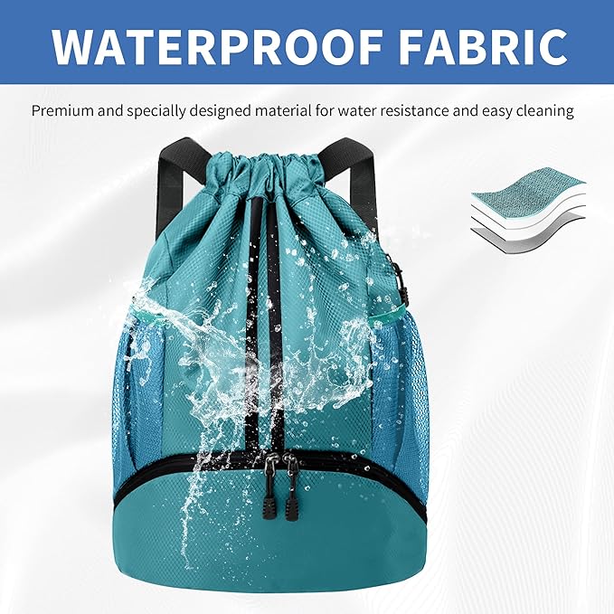 JELUTAR Drawstring Backpack Gym Bag with Shoes Compartment for Soccer, Basketball, Swim, Water-Resistant String Backpack Beach Cinch for Women Men, Teal
