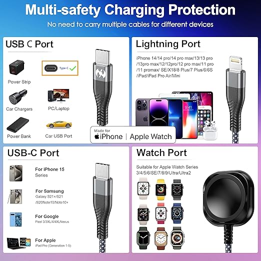 Apple Watch Charger Multi Charging Cable 6FT, Nylon Braided USB AM Port to Lightning Type C USB C Cord iWatch Magnetic Wireless 3 in 1 Charging Wire for iPhone Android Phone and iWatch
