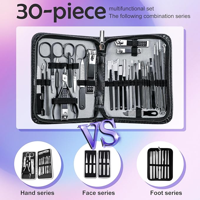 Manicure Pedicure Kit Professional 30pcs Complete Nail Care kit，fingernail and toenail Clippers and Manicure kit for Men with Travel Deluxe Beauty Tools Convenience Set (Black)