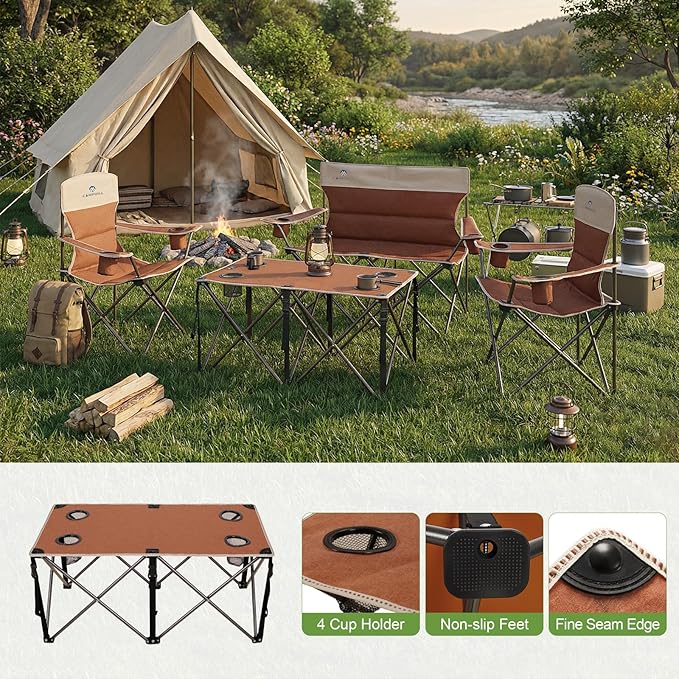 Camping Chair Set of 3, Outdoor Folding Camping Chairs for Heavy People with Cup Holder & Carry Bag,Collapsible Chair Include One Sofa Chair and Two Single Chair,Support up to 500lbs
