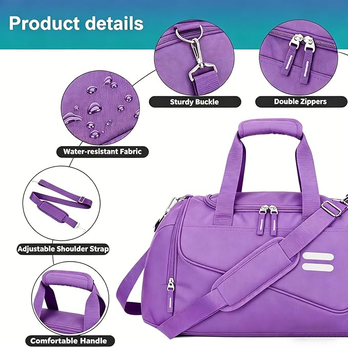 Gym Bag for Men & Women - 30L Duffel Bag with Shoe Compartment, Weekender Water Resistant Duffle Bag for Travel, Sports, Fitness & Workouts, Purple