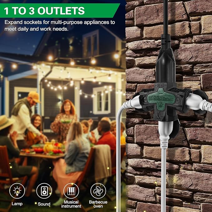 3 Outlet Indoor Outdoor Wall Adapter, ETL Listed 3-Prong Grounded Outlet Splitter, Weatherproof Heavy Duty Multi Outlet Power Plug Extender with Protective Cover, Black (Green, 1 Pack)