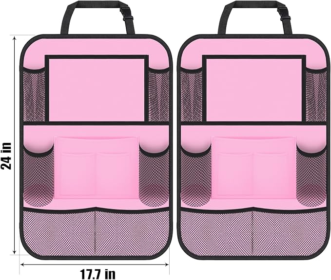 ULEEKA Car Backseat Organizer with 11" Table Holder, 10 Storage Pockets Seat Back Protectors Kick Mats for Kids Toddlers, Travel Accessories, 2 Pack, Pink
