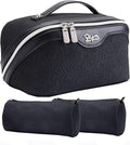 BOYATU Travel Makeup Bags Cosmetic Organizer Bag: 3-Set Large Capacity Make up Bag - PU Leather Toiletry Bags for Women - Wide Open Portable Pouch with Divider & Handle (A-Black)