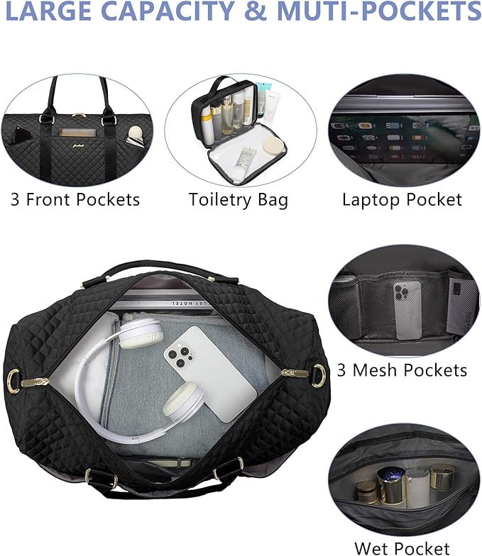 FOCDOD Travel Duffle Bag for Women - Weekender Bags with Shoe Compartment Large Carry on Overnight Tote Bag with Toiletry Bag Traveling Yoga Gym Bags with Wet Pocket Mommy Hospital Bag Black