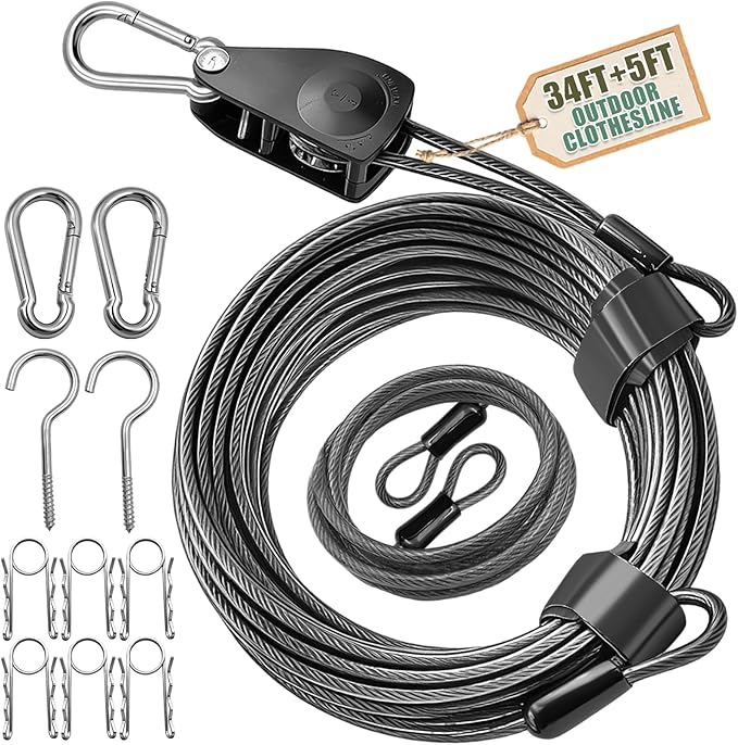 NAZOU Outdoor Retractable Clothesline, 3/16" 34ft+5ft Heavy Duty Coated Steel Wire Rope Clothes Line with Windproof Clamps, Portable Drying Line for Travel, Camping, Laundry, and Use